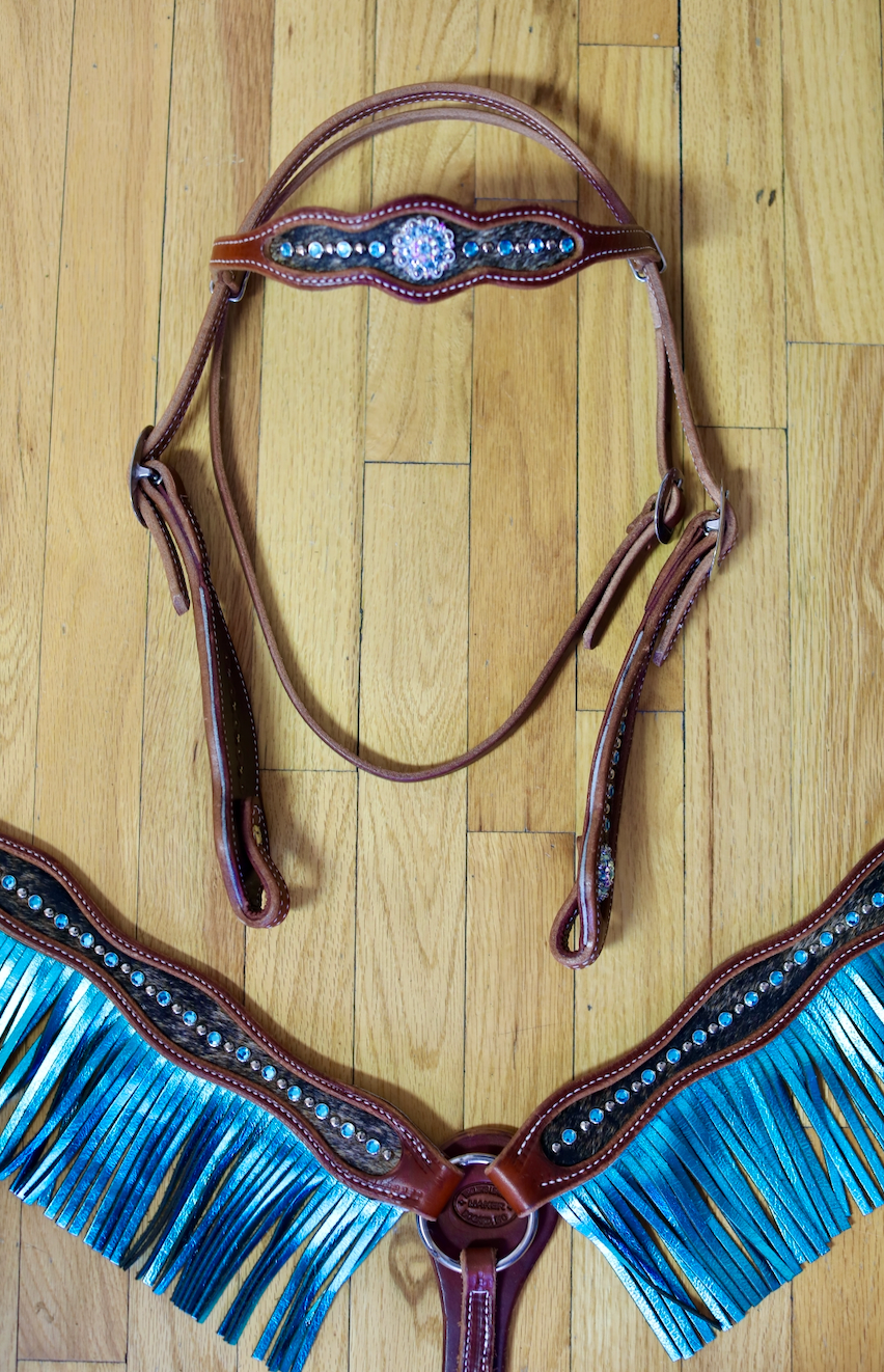 Blue Fringe Breast Collar with Matching Headstall